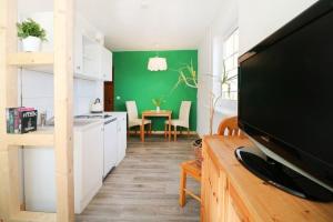 ein Wohnzimmer mit einem großen Fernseher und einer grünen Wand in der Unterkunft Ferienwohnung 2 Personen Hund willkommen in Lütow