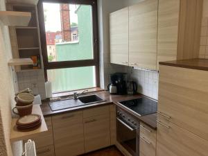 Una pequeña cocina con fregadero y ventana. en Gästewohnung am Stadtpark, en Meerane