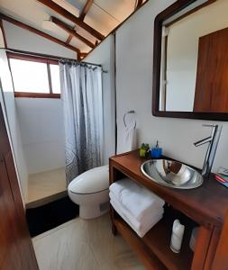 a bathroom with a sink and a toilet and a mirror at Club Cean in Madroñal