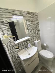 a bathroom with a sink and a toilet and a mirror at One bedroom TEA apartment Il-Gzira in Il-Gżira