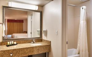 a bathroom with a sink and a mirror and a tub at Cortona Inn and Suites Anaheim Resort in Anaheim