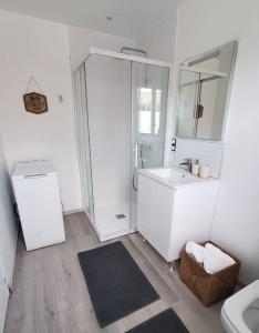a white bathroom with a sink and a shower at Maison de ville Marcq en Baroeul in Marcq-en-Baroeul