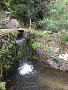 a waterfall in a garden with a stone wall at HOSTEL INKA PACCHA - cascada inka in Ollantaytambo