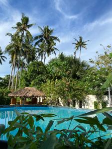 a swimming pool with palm trees in the background at 4 Bedrooms Guesthouse with Pool and Mangrove Park in Alburquerque