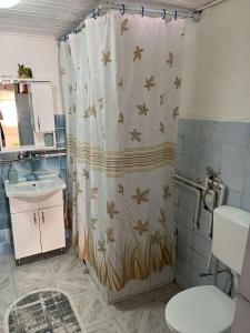a bathroom with a shower curtain with a sink and a toilet at Guest House GURI in Vusanje