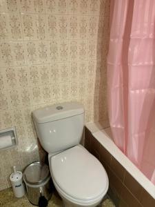 アテネにあるroom pilika4 with shared bath behind the kitchenのバスルーム(トイレ、ピンクのシャワーカーテン付) +4枚の写真