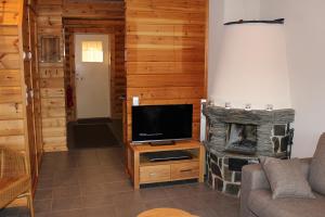 sala de estar con TV y chimenea en Rinnetupa Apartment, en Tahkovuori
