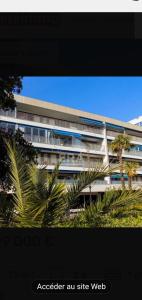 a large building with a palm tree in front of it at Spacieux 2 pièces terrasse et piscine in Cannes