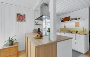 a kitchen with a counter with a bowl of fruit on it at Beautiful Home In Væggerløse With Wifi in Marielyst