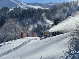 a person riding a snowboard down a snow covered slope at Beau duplex 6 pers. à 200m des pistes, parking gratuit - FR-1-787-11 in Saint-Jacques-des-Blats +2 photos