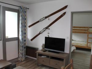 ein Wohnzimmer mit einem TV und einem Spiegel in der Unterkunft Bel appartement rénové T2 avec balcon au pied des pistes - FR-1-787-10 in Laveissière + 2 Fotos