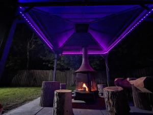 eine Feuerstelle unter einem Zelt mit violetten Lichtern in der Unterkunft Tiny Wood Cottage 11 in Wasaga Beach
