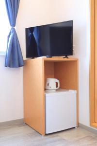 a tv on top of a wooden stand with a small refrigerator at RE Hotel 谷町9丁目 in Osaka +4 photos
