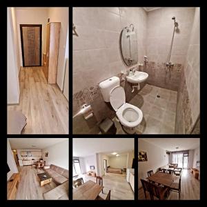 four different pictures of a bathroom with a toilet and a sink at Апартаменти за Гости ИвАя Казанлък in Kazanlŭk