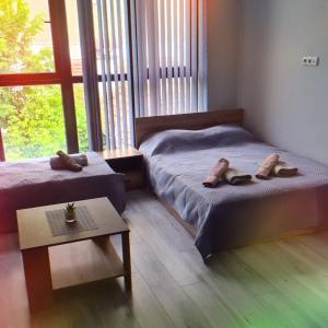 a bedroom with two beds and a table and a window at Апартаменти за Гости ИвАя Казанлък in Kazanlŭk