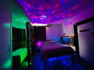a bedroom with purple and green lights on the ceiling at Studio séance sur l'oreiller in Malmerspach