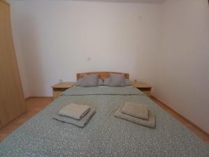 ein Schlafzimmer mit einem großen Bett mit zwei Kissen darauf in der Unterkunft Peša Holiday Apartments in Zaton