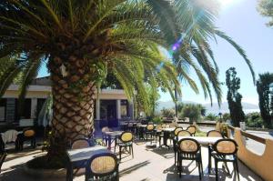 a group of tables and chairs under a palm tree at Residence I Delfini in Tiuccia