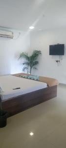 a bed in a room with a plant on the wall at Spacious AC rooms with Swimming Pool Access in Covelong