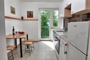 a kitchen with a table and a refrigerator at Apartman Gema in Skrad