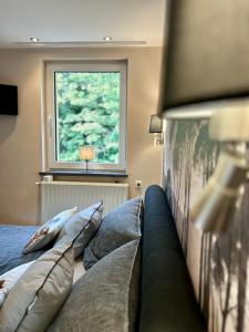 ein Schlafzimmer mit einem Bett mit Kissen und einem Fenster in der Unterkunft Villa Pauline - FeWo Bretagne in Bad Sooden-Allendorf