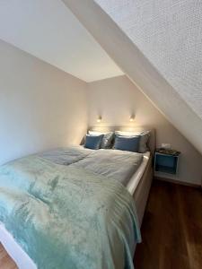 ein Schlafzimmer mit einem großen Bett mit blauen Kissen in der Unterkunft Villa Pauline - FeWo Bretagne in Bad Sooden-Allendorf + 5 Fotos