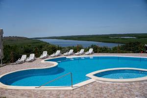 a swimming pool with chairs and a view of a lake at Delta Nature Resort in Tulcea