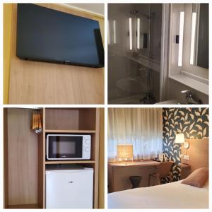 a hotel room with a television and a room with a bed at KYRIAD HONFLEUR - La Riviere Saint Sauveur in Honfleur