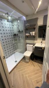 a bathroom with a shower and a toilet and a sink at Spenford House 1640 listed house Idilic Location pub walking distance in Shrewsbury