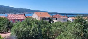 a group of houses on a hill next to the water at Apartment Kamenica in Kornić +12 photos