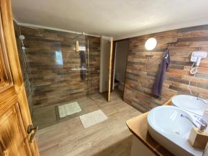 a bathroom with a shower and a sink at U Elišky in Rapšach
