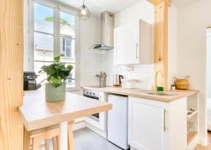a kitchen with white cabinets and a potted plant at Le petit coin de la rue Basse in Caen