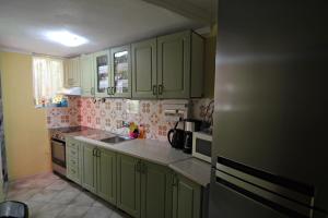 een keuken met groene kasten en een aanrecht bij Joanna's House in Skala Kallirakhis
