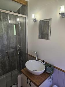 a bathroom with a sink and a shower at Stoodley View Shepherd Huts in Todmorden +33 photos