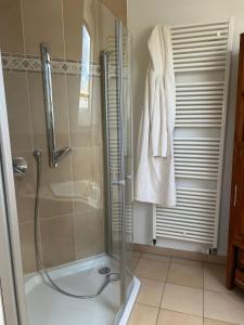 a bathroom with a shower with a glass door at Chez Ellie- Ferienwohnung Nähe Nürburgring, Rhein, Ahr, Eifel in Kempenich +15 photos