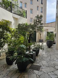 a courtyard with potted trees and a building at spacieux duplex Stade de France 24 pour 4 personnes in Saint-Denis