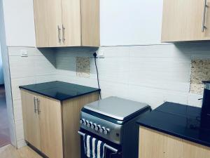 内罗毕Little heaven in ruaka的厨房配有黑炉和木制橱柜。