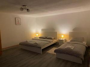 2 letti in una camera con 2 luci accese di Apartman Izzy a Kaniža