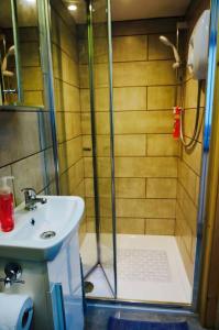 a bathroom with a shower and a sink at The Hideaway, Castle an Dinas, Cornwall TR9 6JB in Saint Columb Major +18 photos