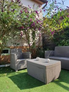 a patio with two chairs and a table and flowers at Happiness Cottage in Colmar