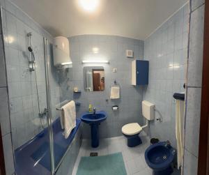 a bathroom with a blue sink and a toilet at Apartments Oxygen in Račišće +70 photos