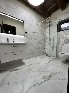 a marble bathroom with a sink and a toilet at Pensiunea Lorena in Bran +22 photos