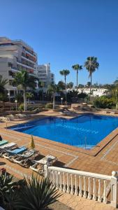 una gran piscina con sillas y palmeras en 524 Ocean Dreams Las Americas, en Playa de las Américas