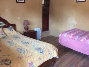 a bedroom with two beds and a table with a lamp at Hostal el castillo ingapirca in Ingapirca