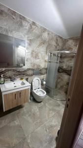 a bathroom with a toilet and a shower and a sink at Önal pansiyon in Uzungöl +14 photos