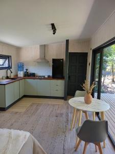 プエルト・バラスにあるCasa Calmaのテーブルとカウンタートップのあるキッチン