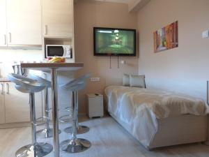 Habitación pequeña con cama, mesa y TV. en Apartments Sia, en Kopaonik