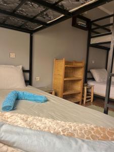 a bedroom with two bunk beds and a blue object on the bed at Let Us Surf in Tamraght Ouzdar