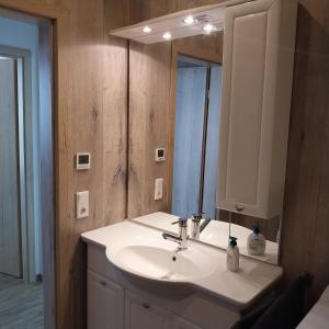 a bathroom with a white sink and a mirror at Ferienwohnung für Familien geeignet in Gottmadingen