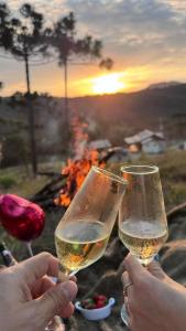 two people holding wine glasses in front of a fire at Hospedagem Cabanas do Lago Urubici in Urubici